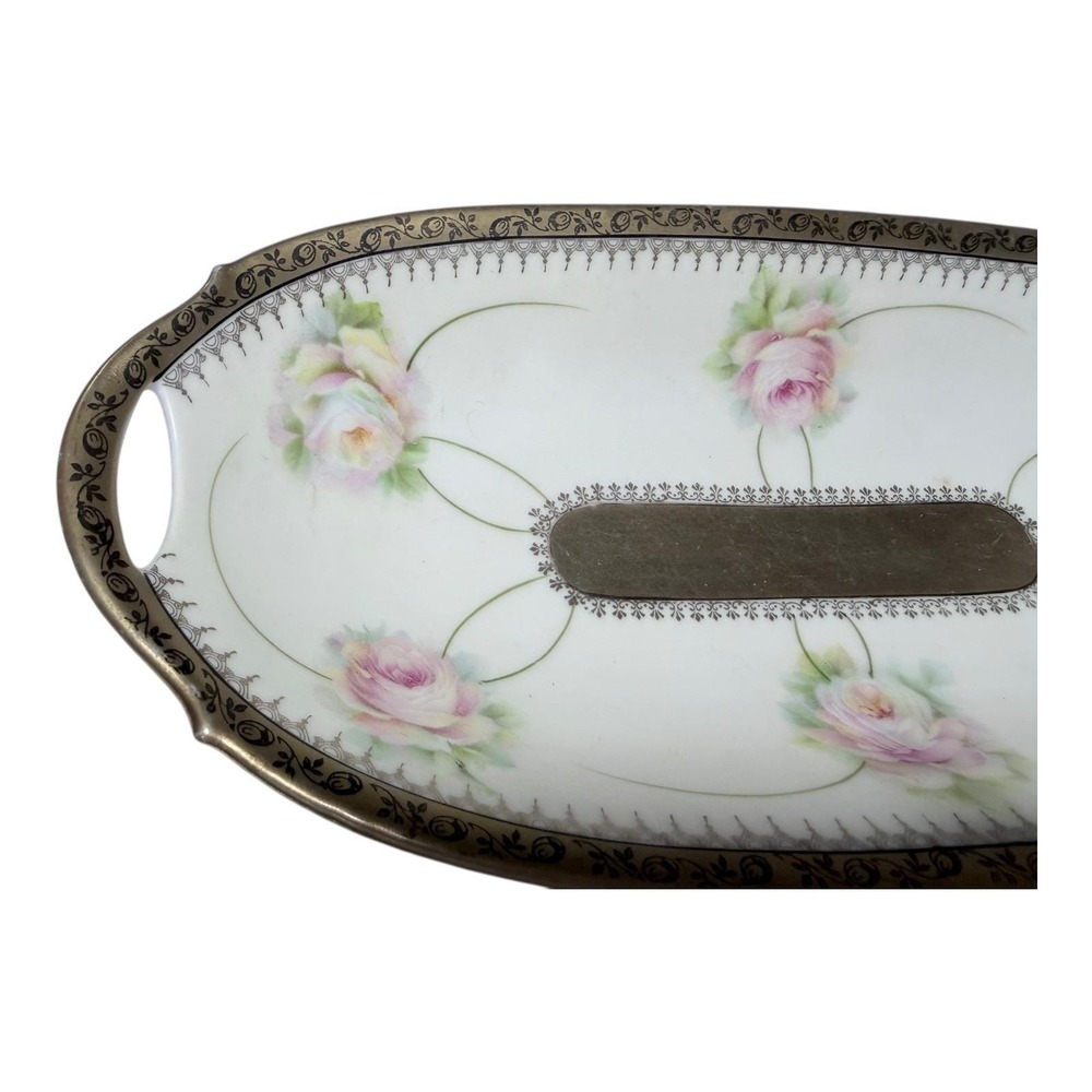 VTg Bavaria Handpainted Porcelain Bread Tray Celery Dish Pink Roses Gold‎ Trim - Picture 5 of 9